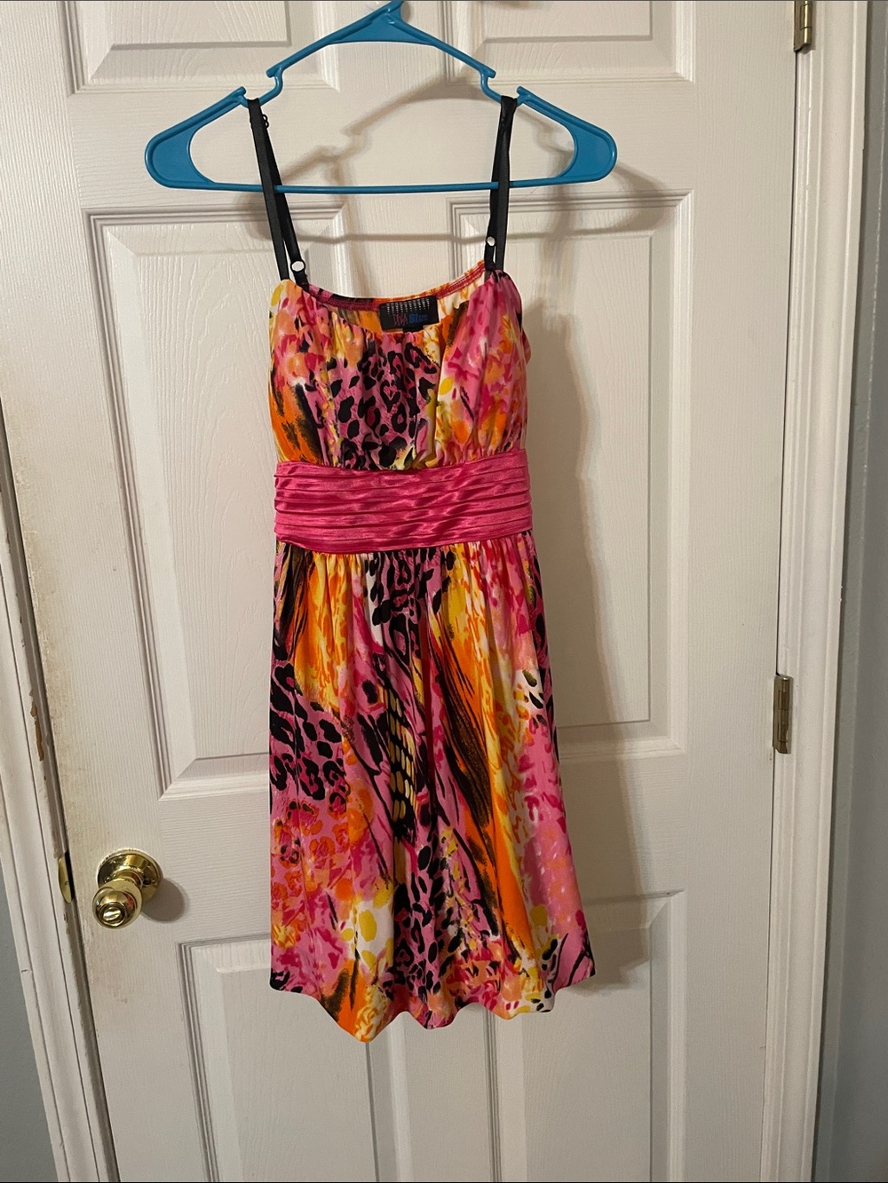 Bright Pink & Orange Printed Mini Dress with Ruched Waistband